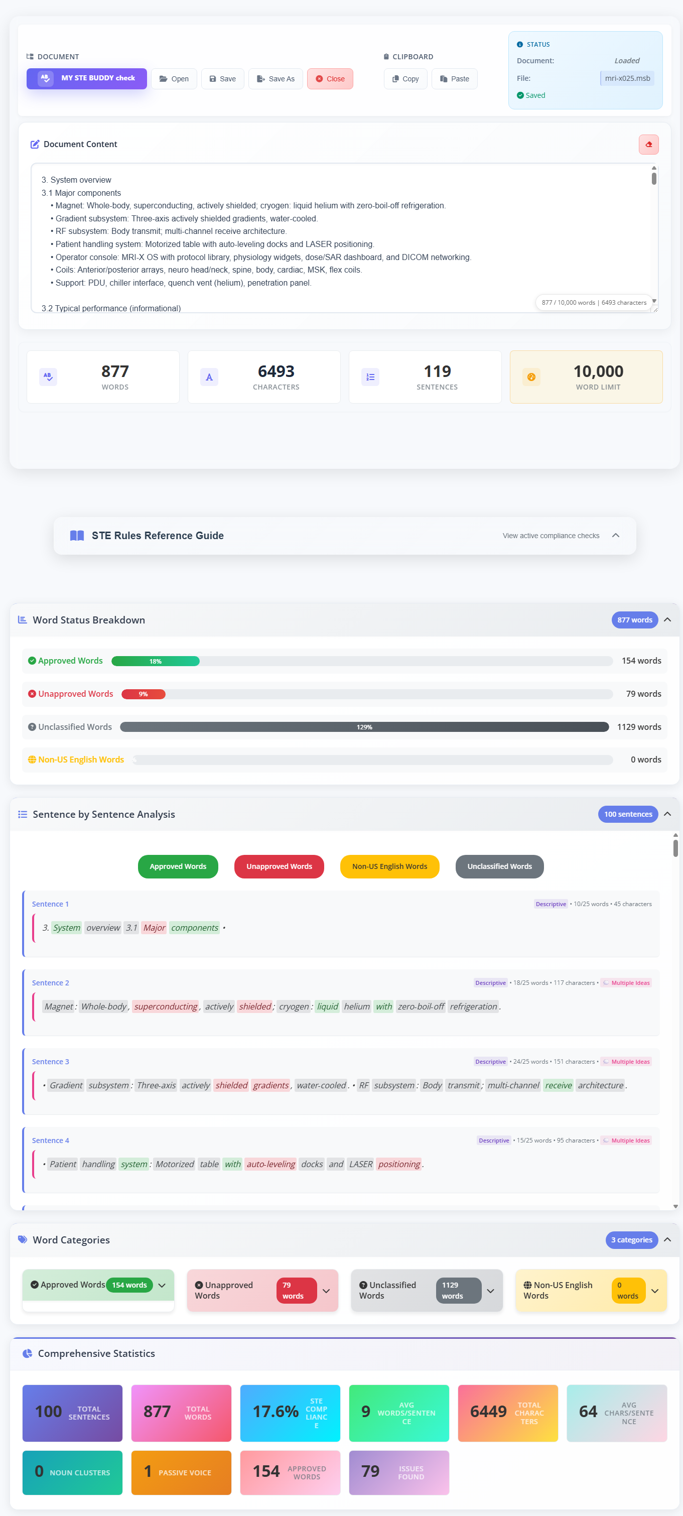 Professional STE Analyzer Interface - Advanced ASD-STE100 compliance analysis platform with real-time linguistic insights and comprehensive technical writing optimization